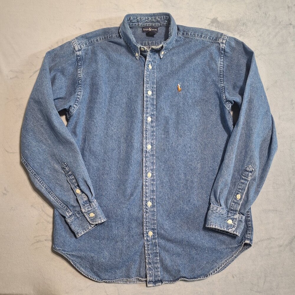 Vintage Ralph Lauren Blue Denim Mens XL Western Button Down Long Sleeve